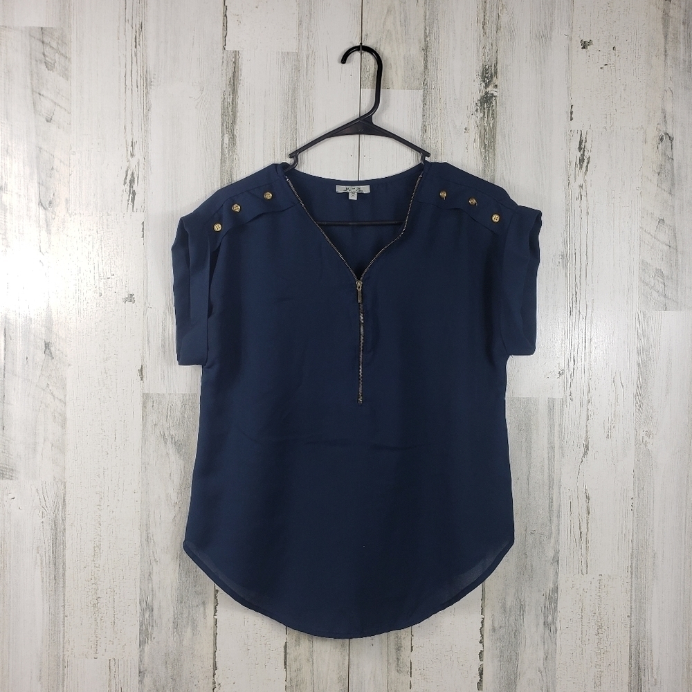 M.P.H sheer navy blue top with zipper detail women's size medium